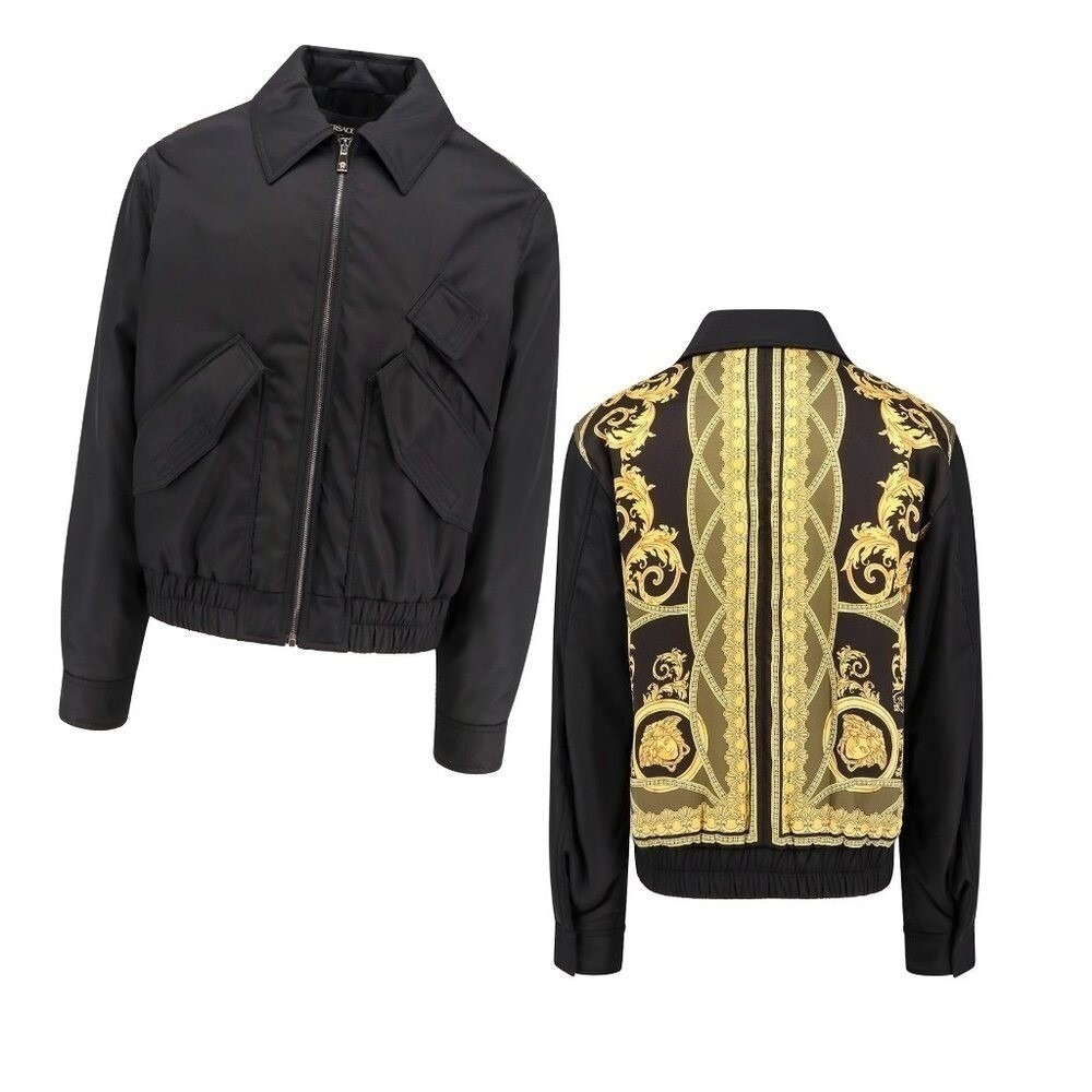 Versace La Coupe des Dieux Bomber Jacket Black with Heritage Print on back sz 54